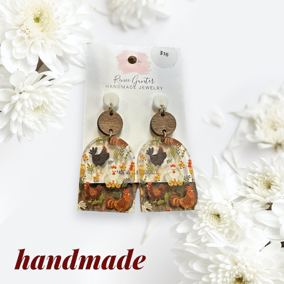 Handmade one of a kind wood & acrylic chicken earrings