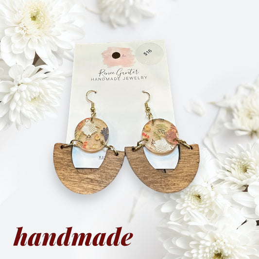 Handmade one of a kind wood & acrylic chicken earrings