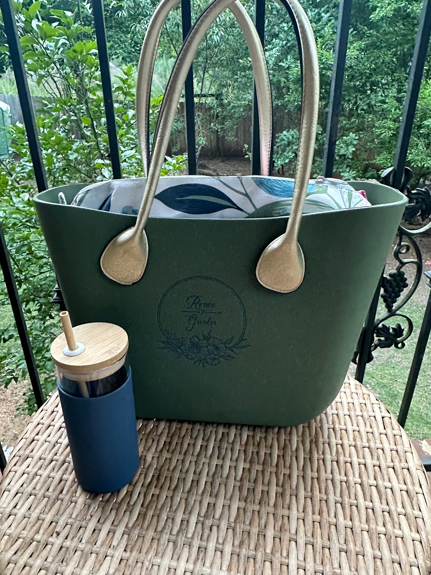 Glass Tumbler with Silicone Sleeve, wood lid and straw