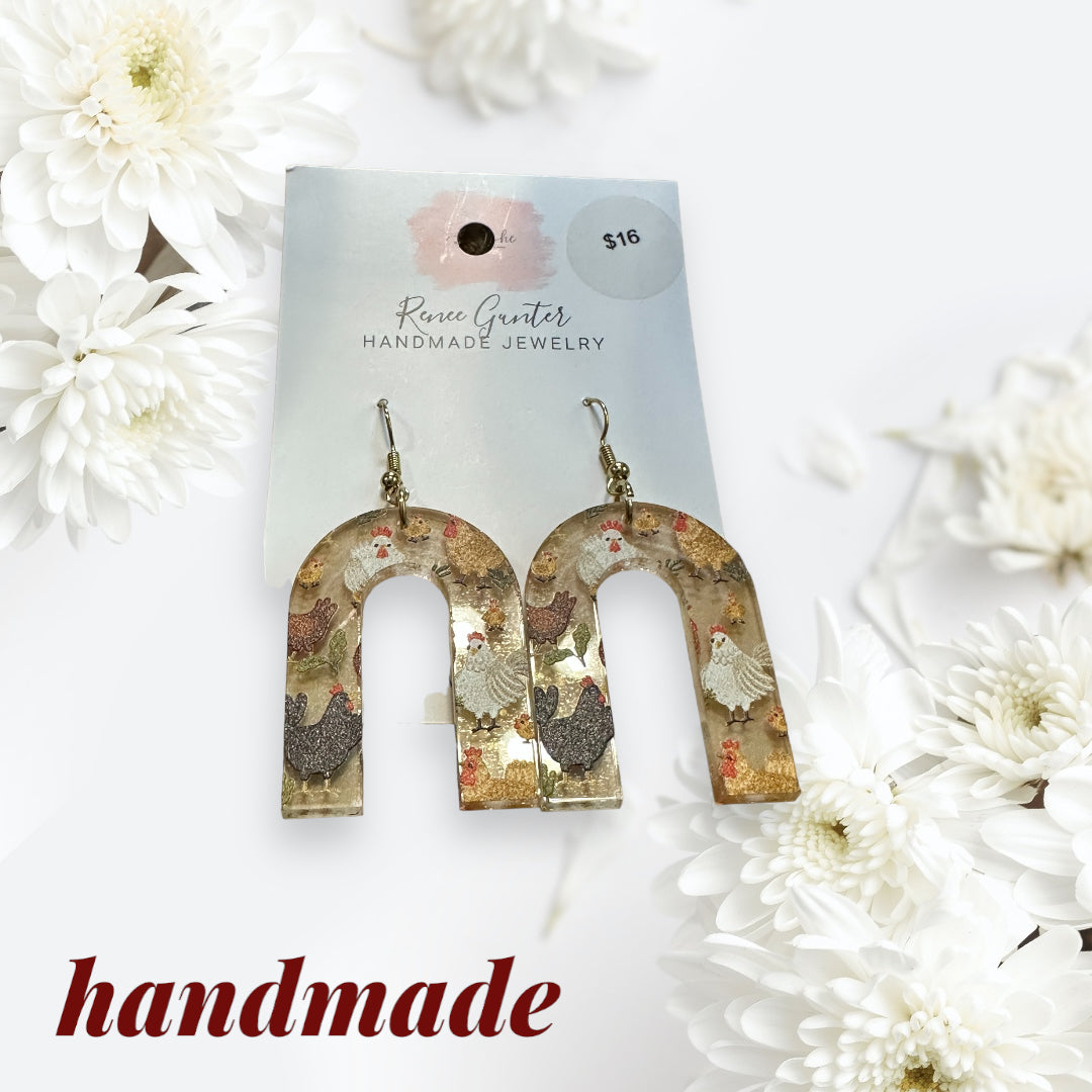 Handmade one of a kind wood & acrylic chicken earrings