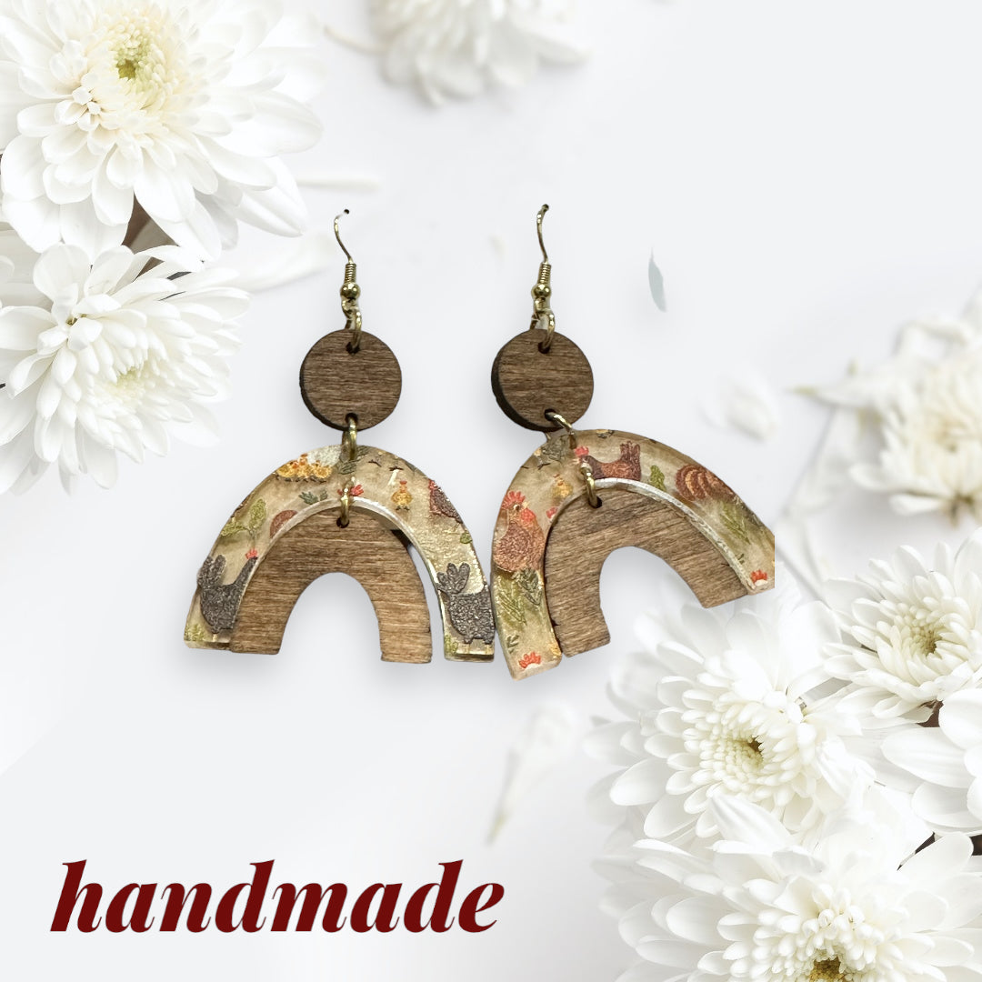 Handmade one of a kind wood & acrylic chicken earrings