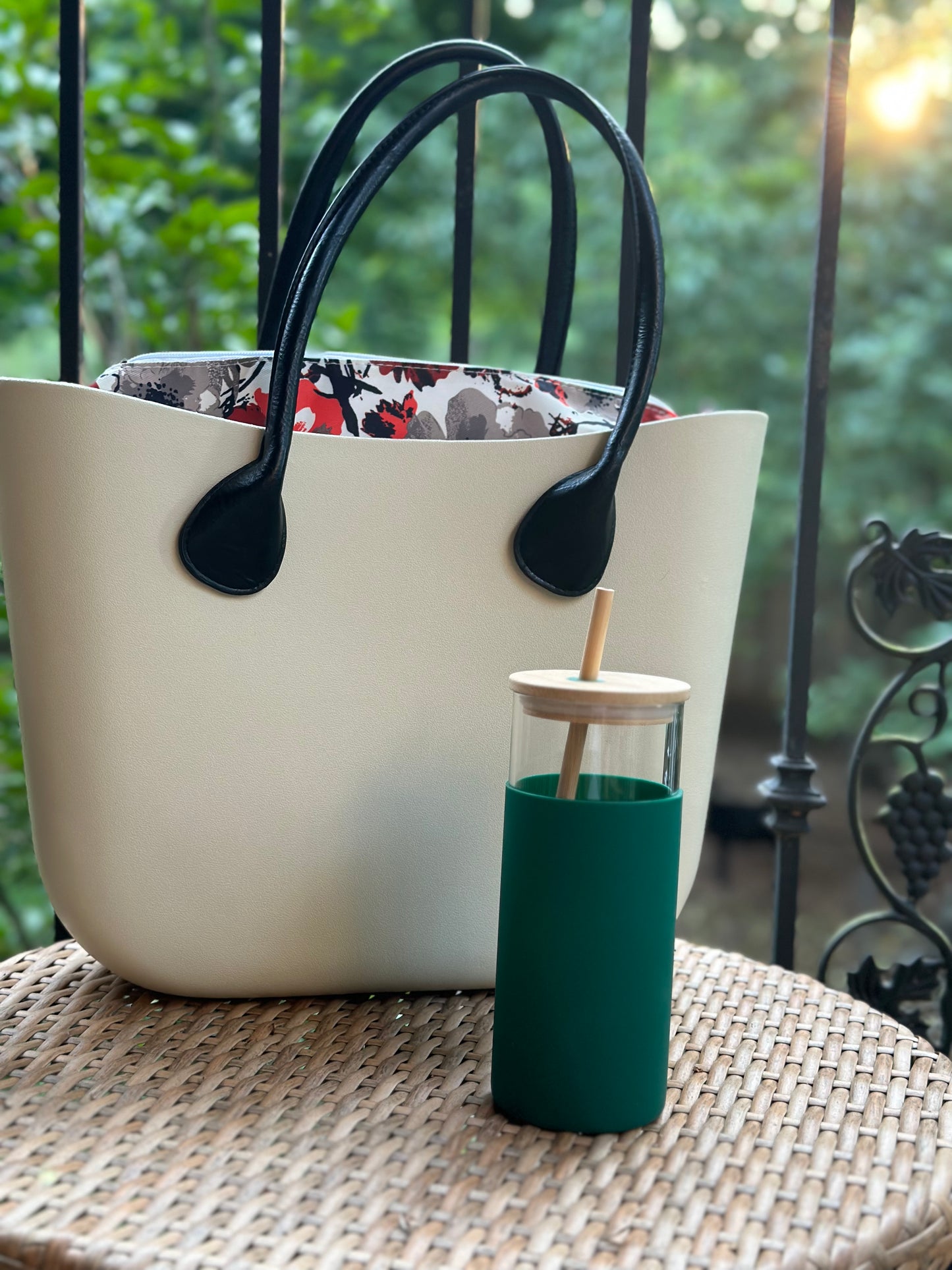 Glass Tumbler with Silicone Sleeve, wood lid and straw