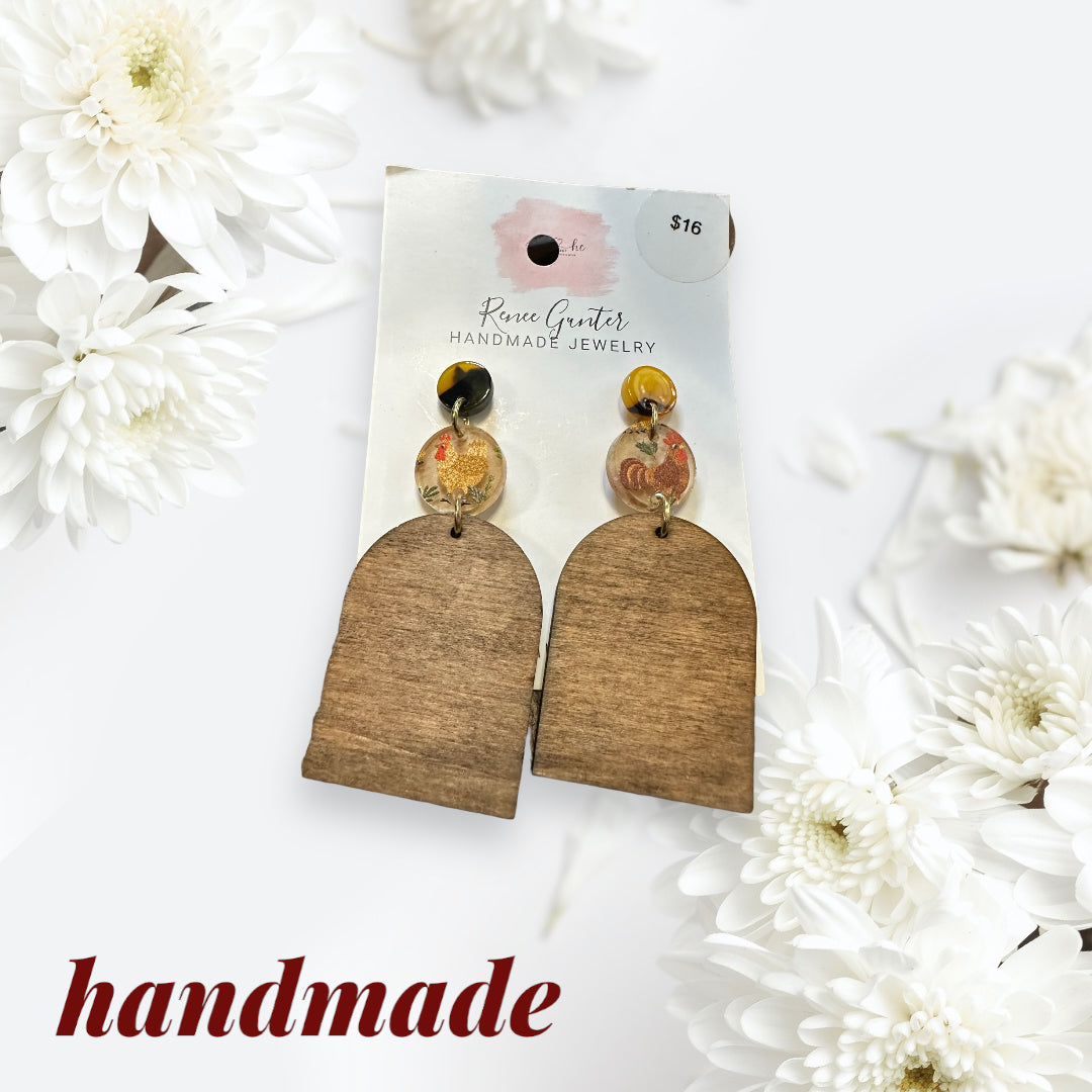 Handmade one of a kind wood & acrylic chicken earrings