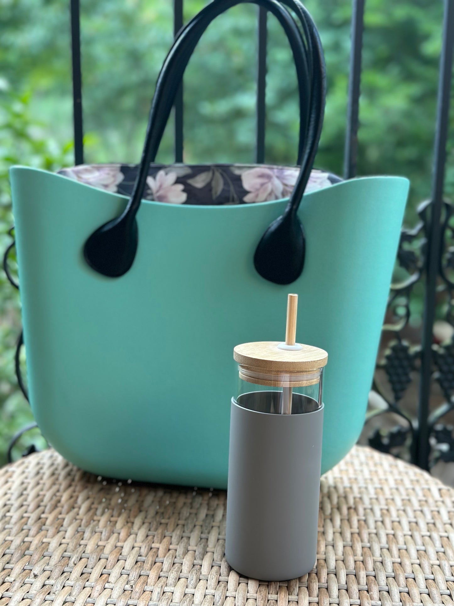 Glass Tumbler with Silicone Sleeve, wood lid and straw