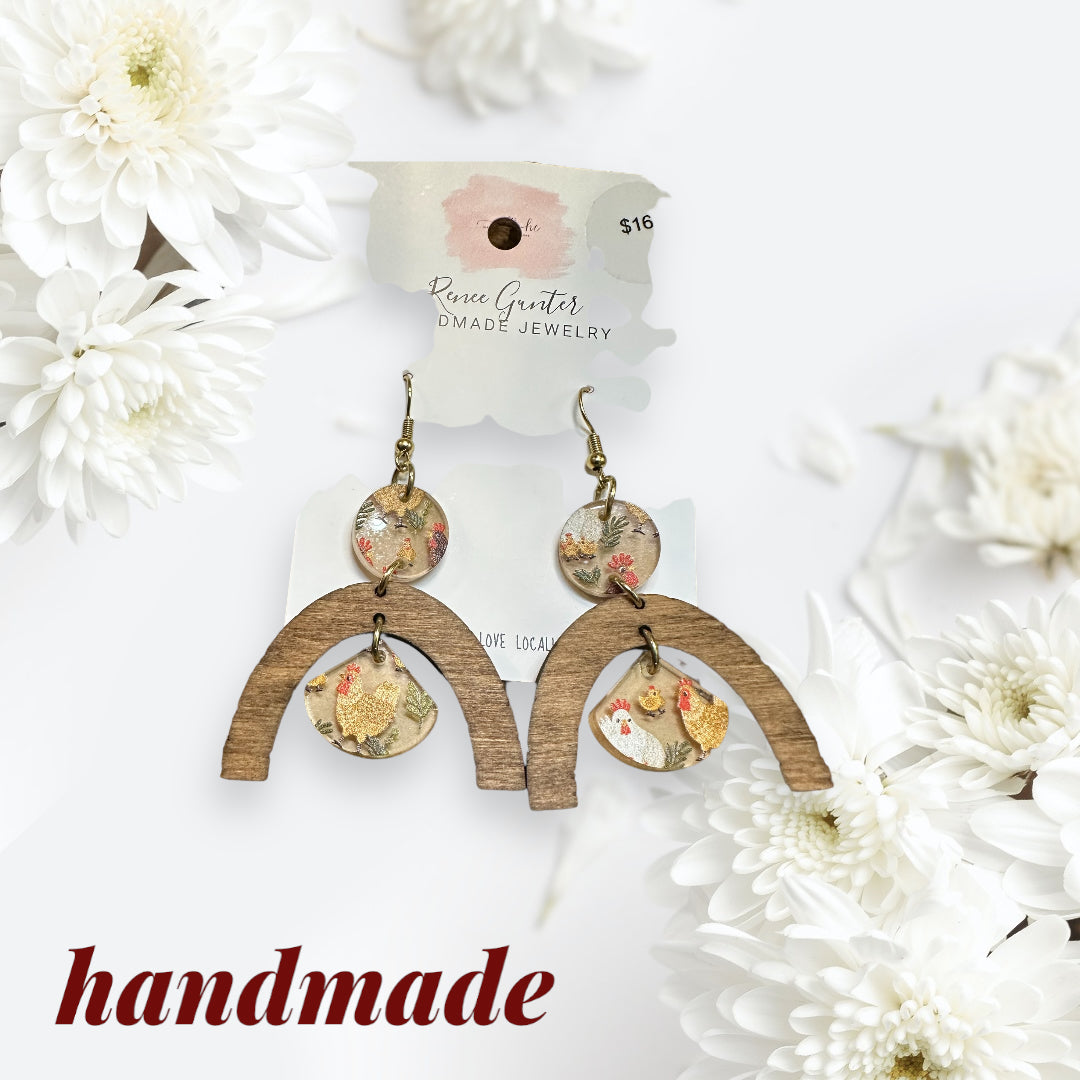 Handmade one of a kind wood & acrylic chicken earrings