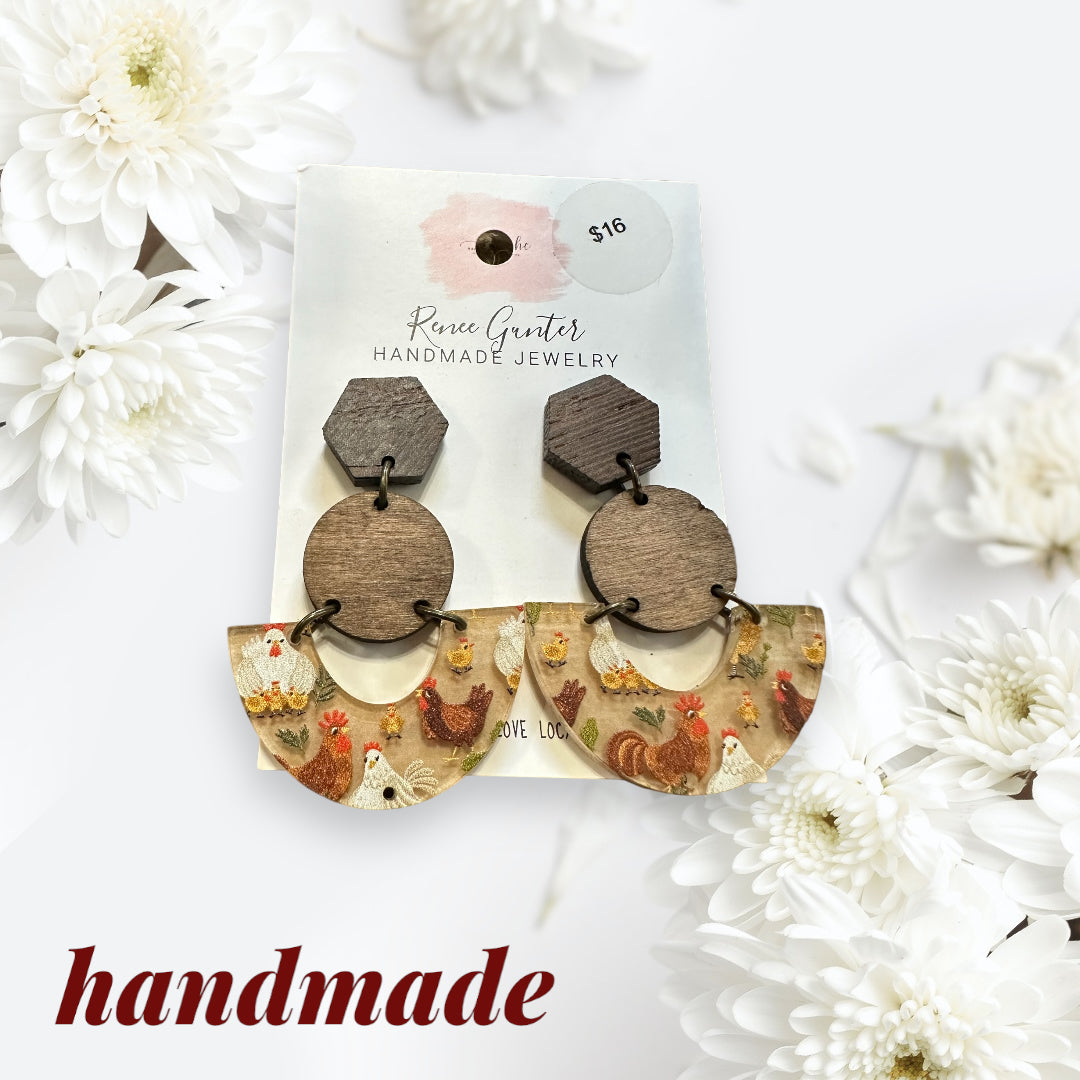Handmade one of a kind wood & acrylic chicken earrings