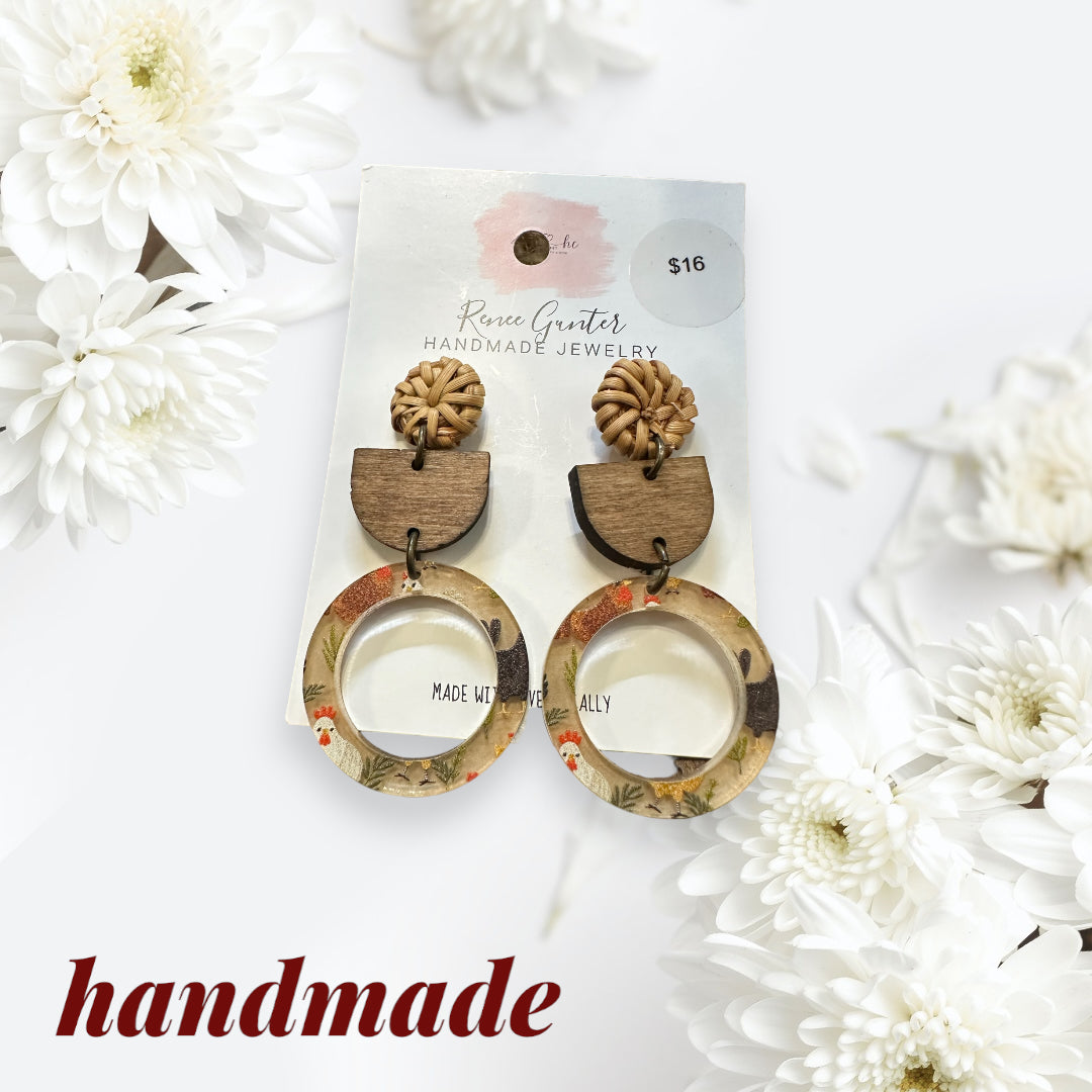 Handmade one of a kind wood & acrylic chicken earrings