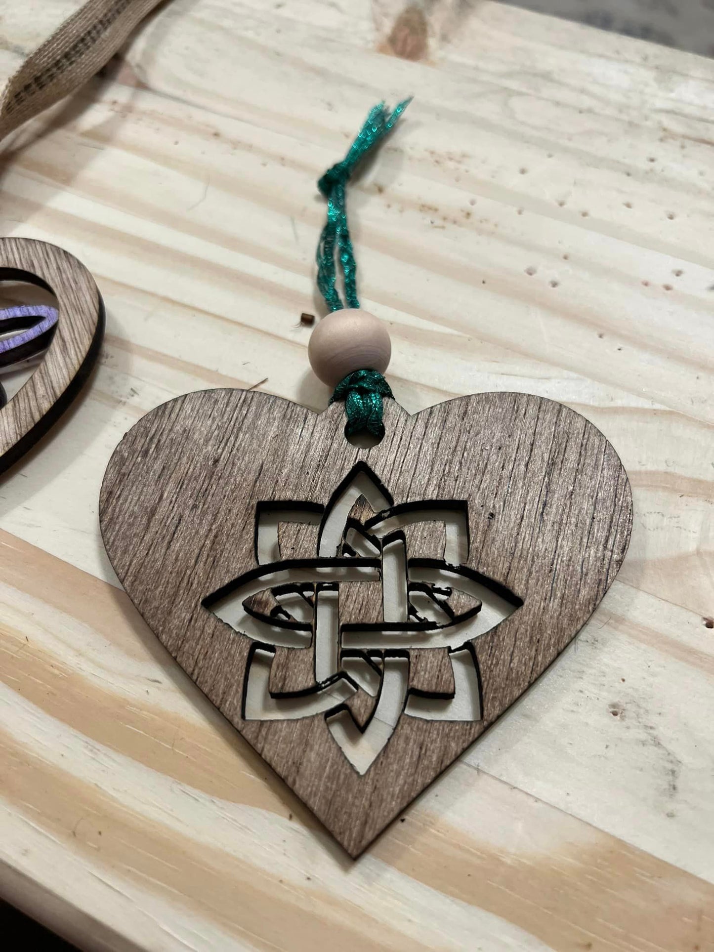 Handmade Wood Christmas Ornament - Irish Knot - Hearts