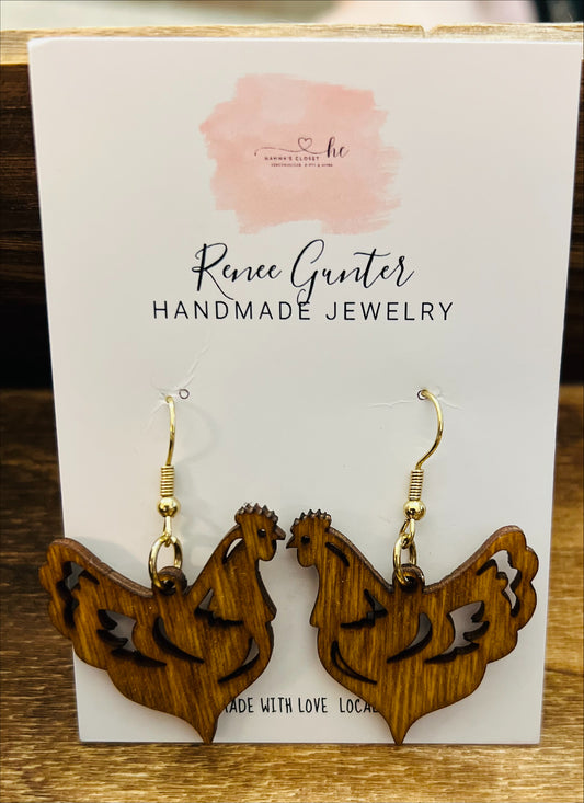 Handmade wood chicken earrings