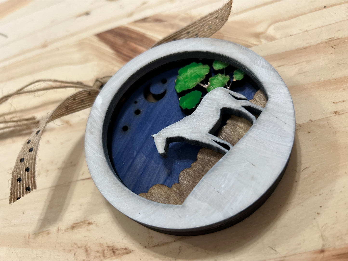 Handmade layered wood farm ornament