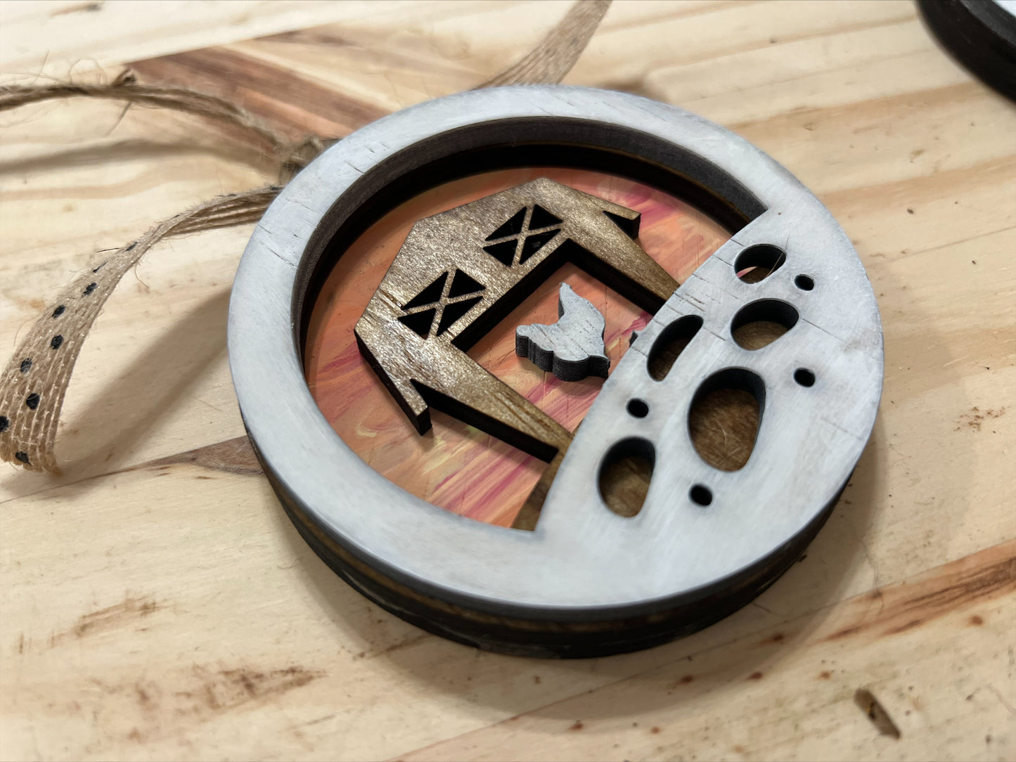 Handmade layered wood farm ornament