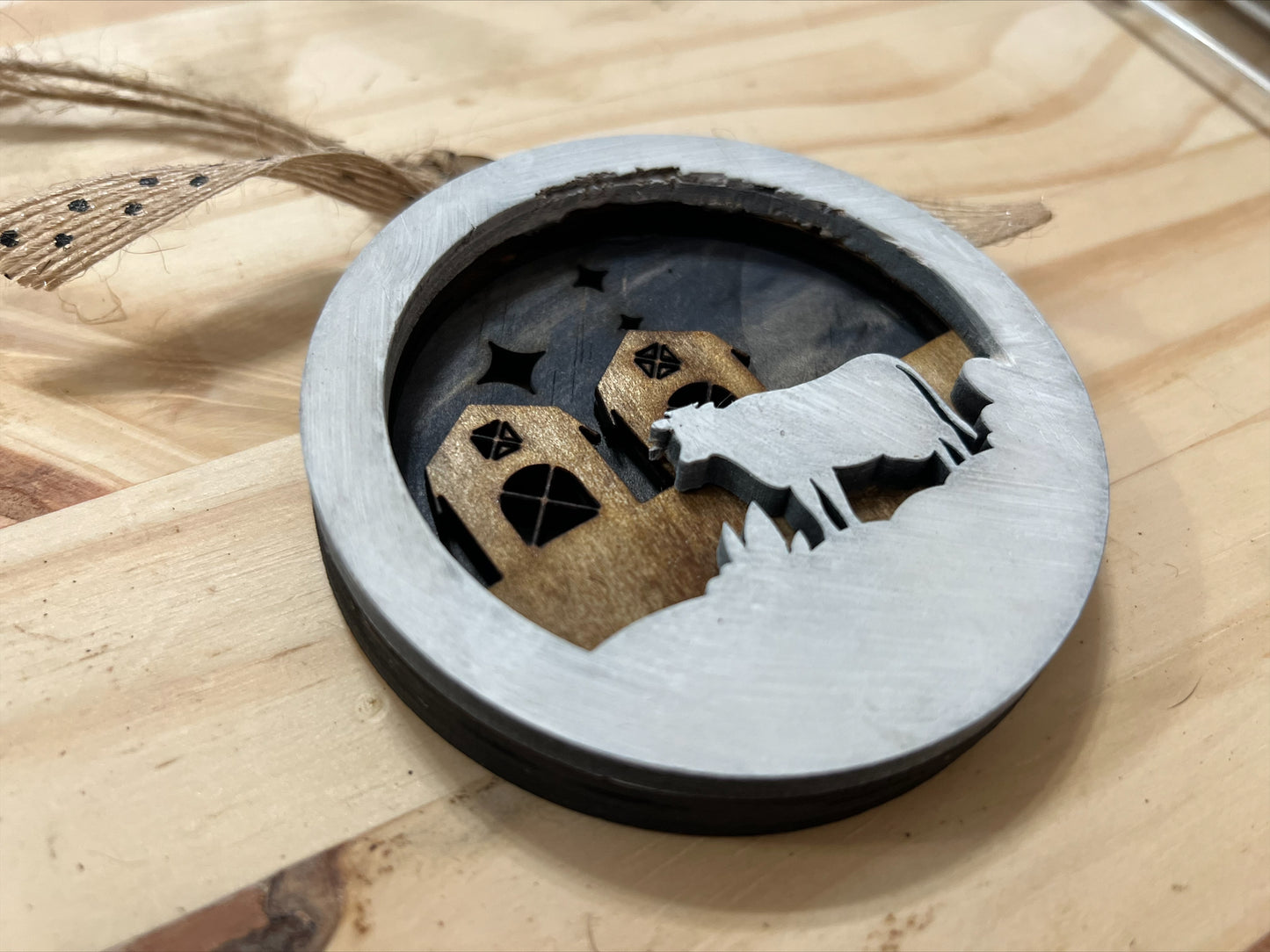 Handmade layered wood farm ornament