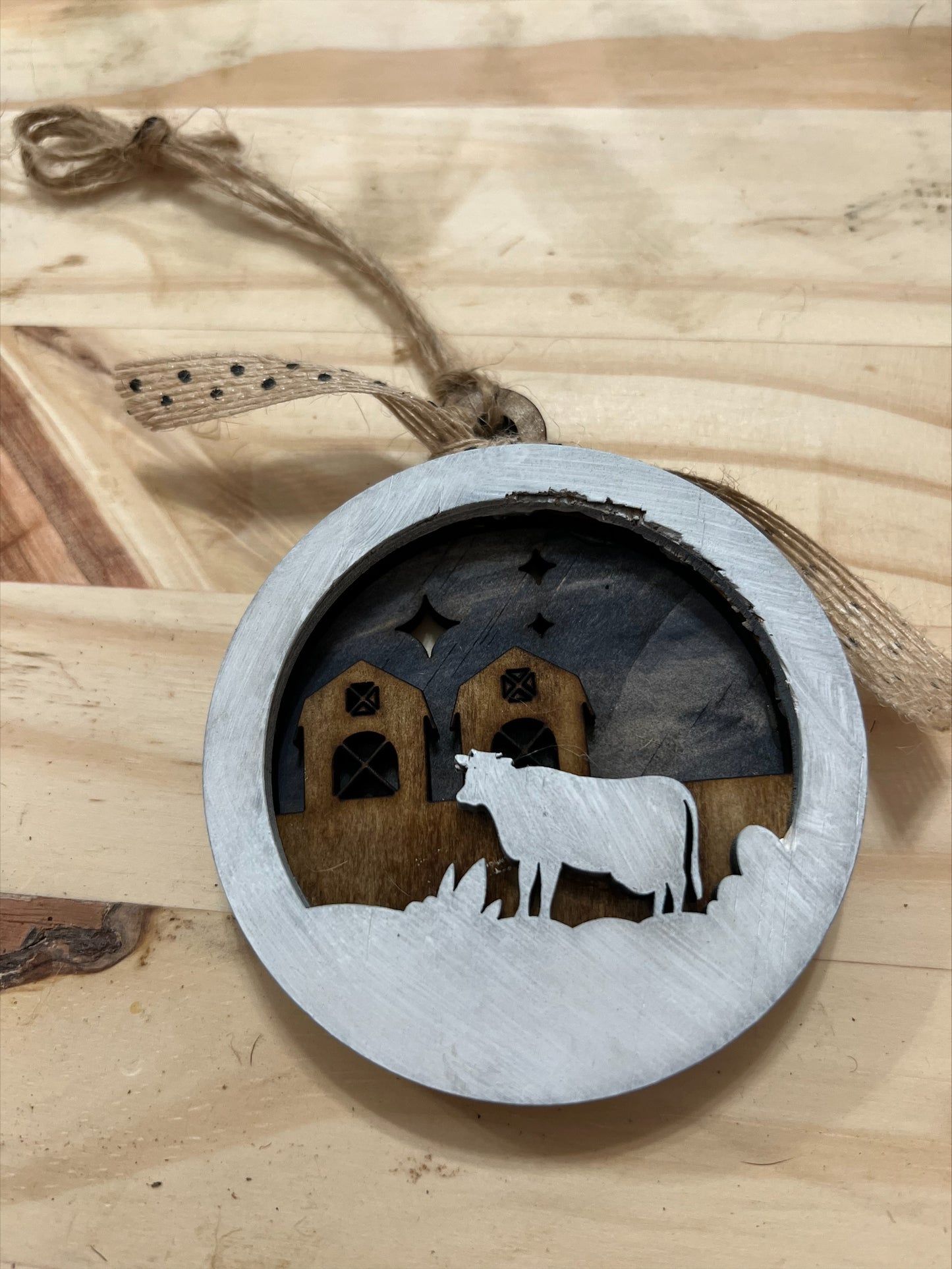 Handmade layered wood farm ornament