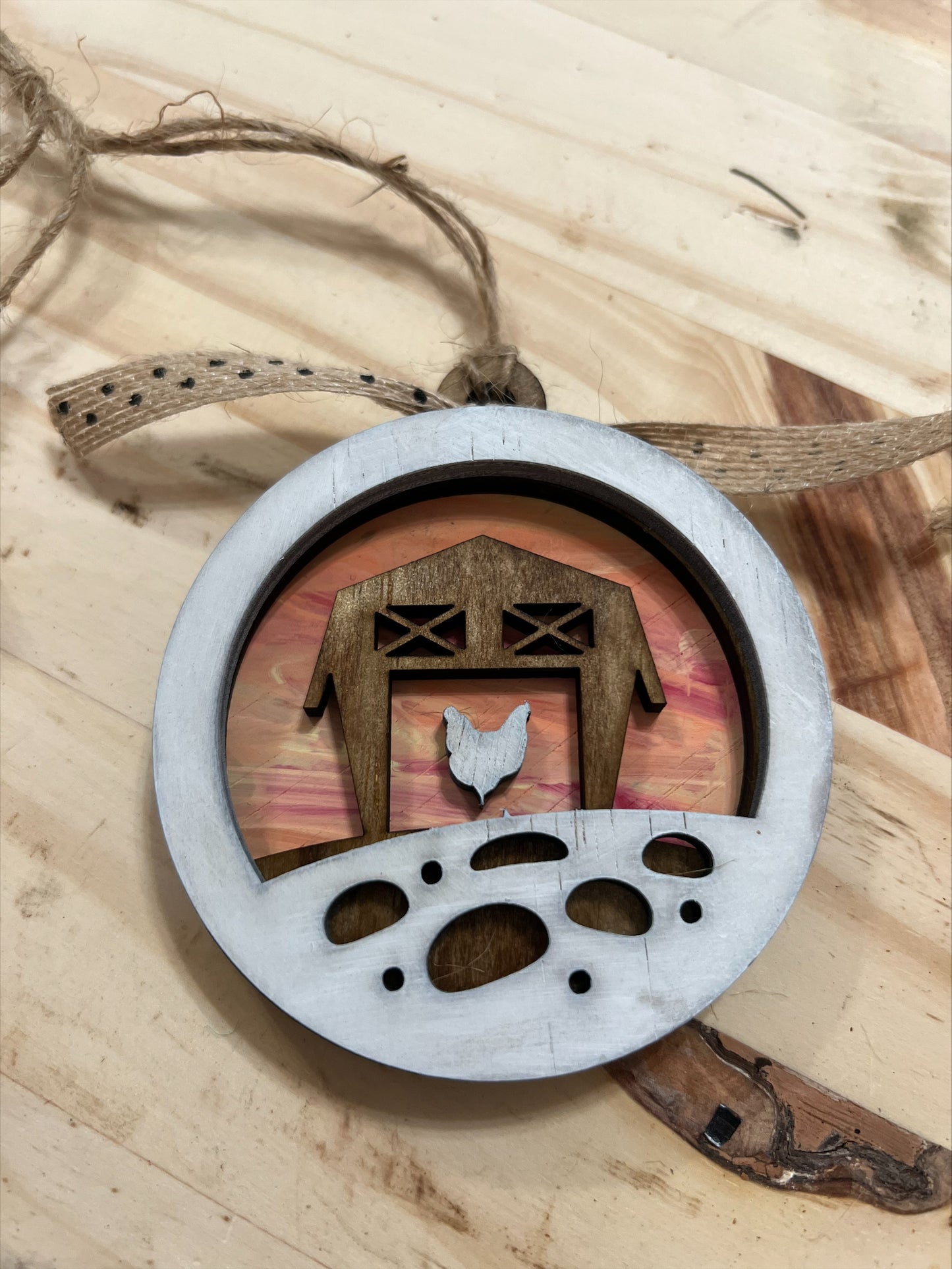 Handmade layered wood farm ornament