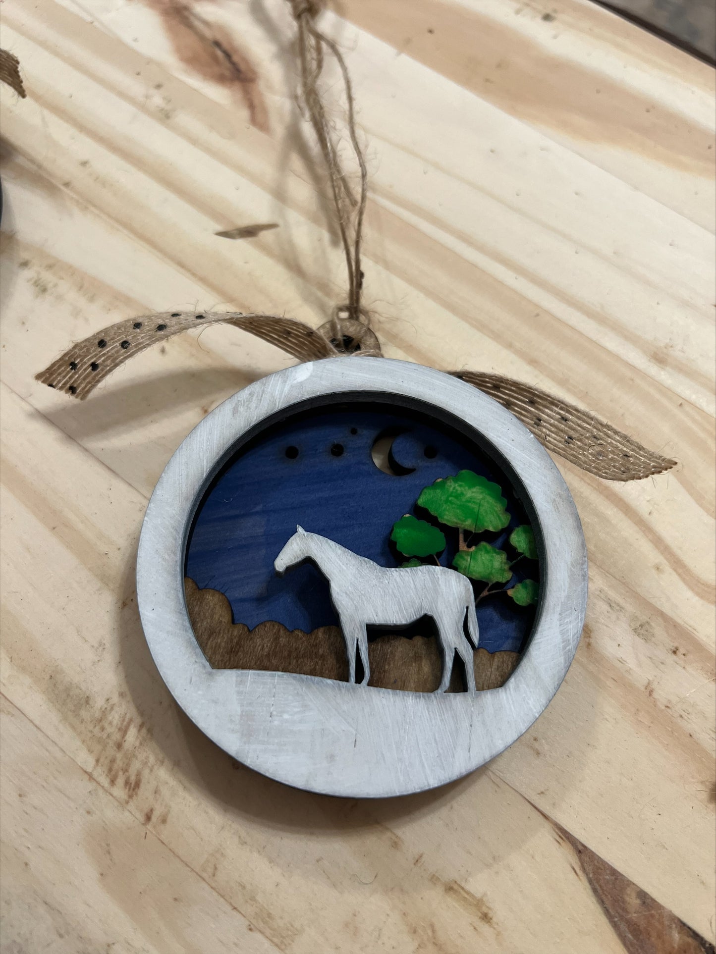 Handmade layered wood farm ornament