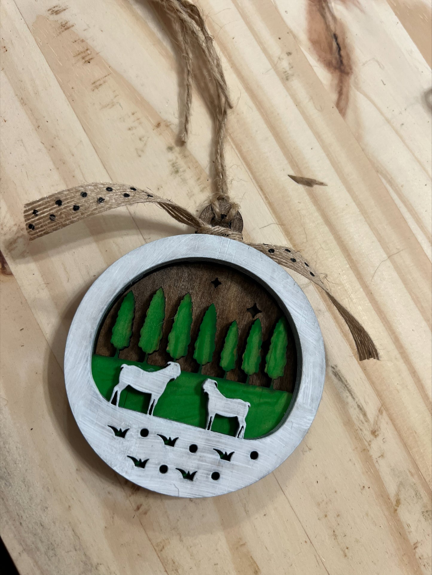 Handmade layered wood farm ornament