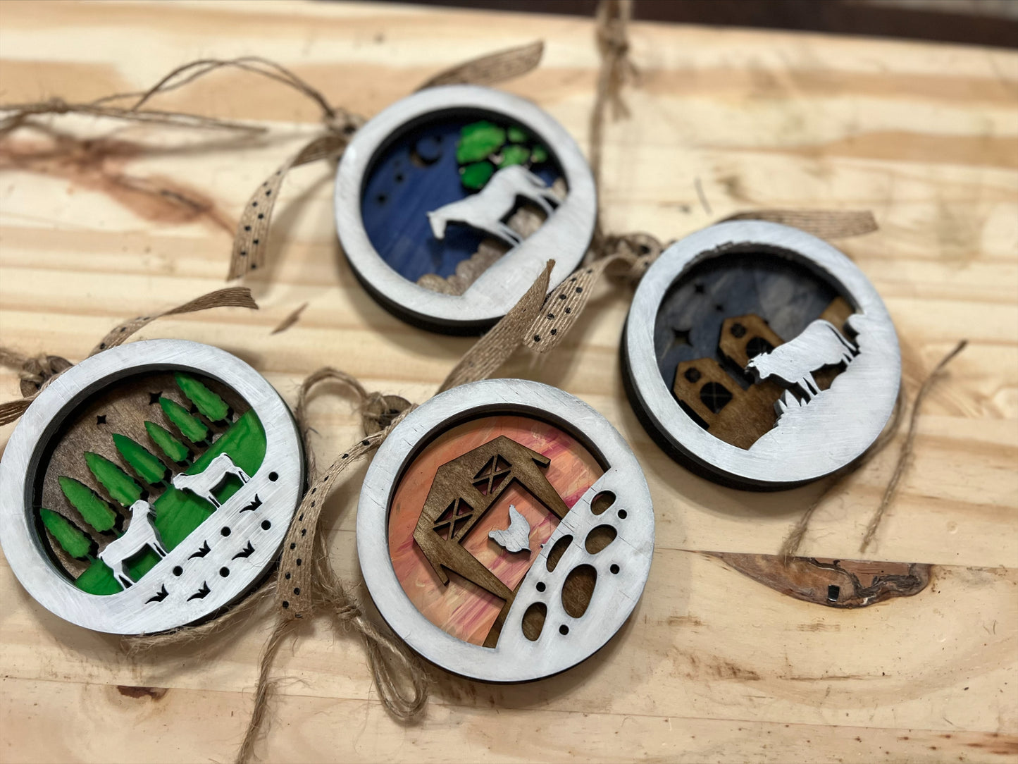 Handmade layered wood farm ornament