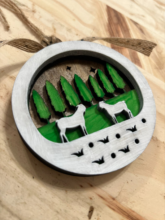 Handmade layered wood farm ornament