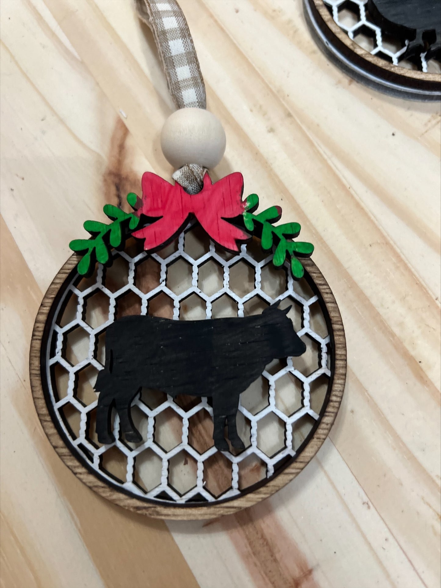Handmade 3 Layer wood round farm animal ornament