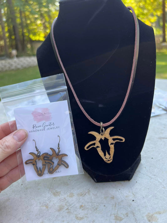 Handmade wood Goat charm leather necklace