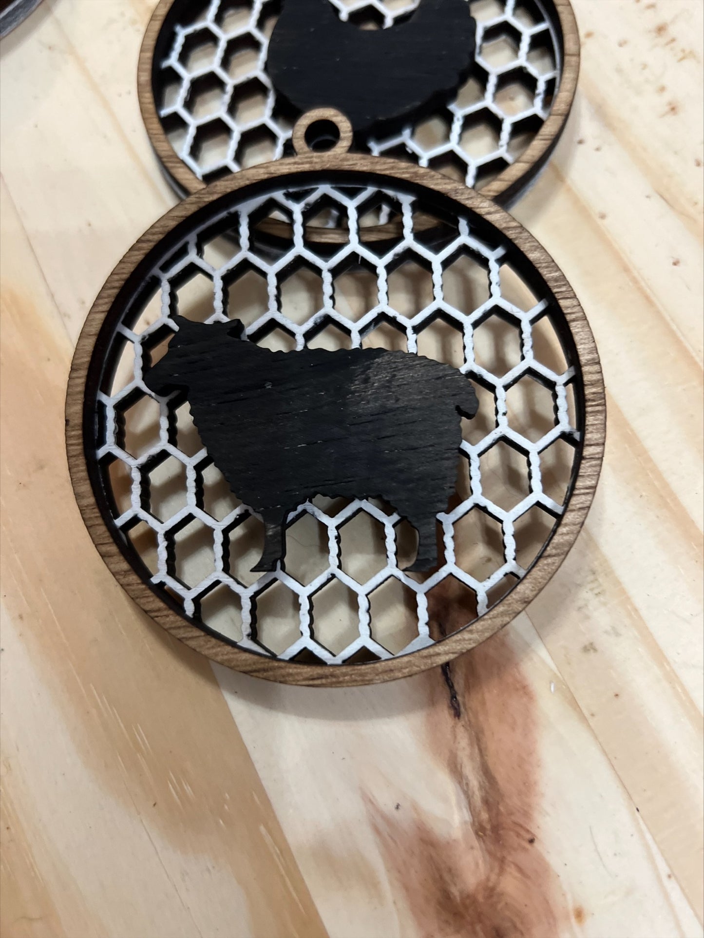 Handmade 3 Layer wood round farm animal ornament