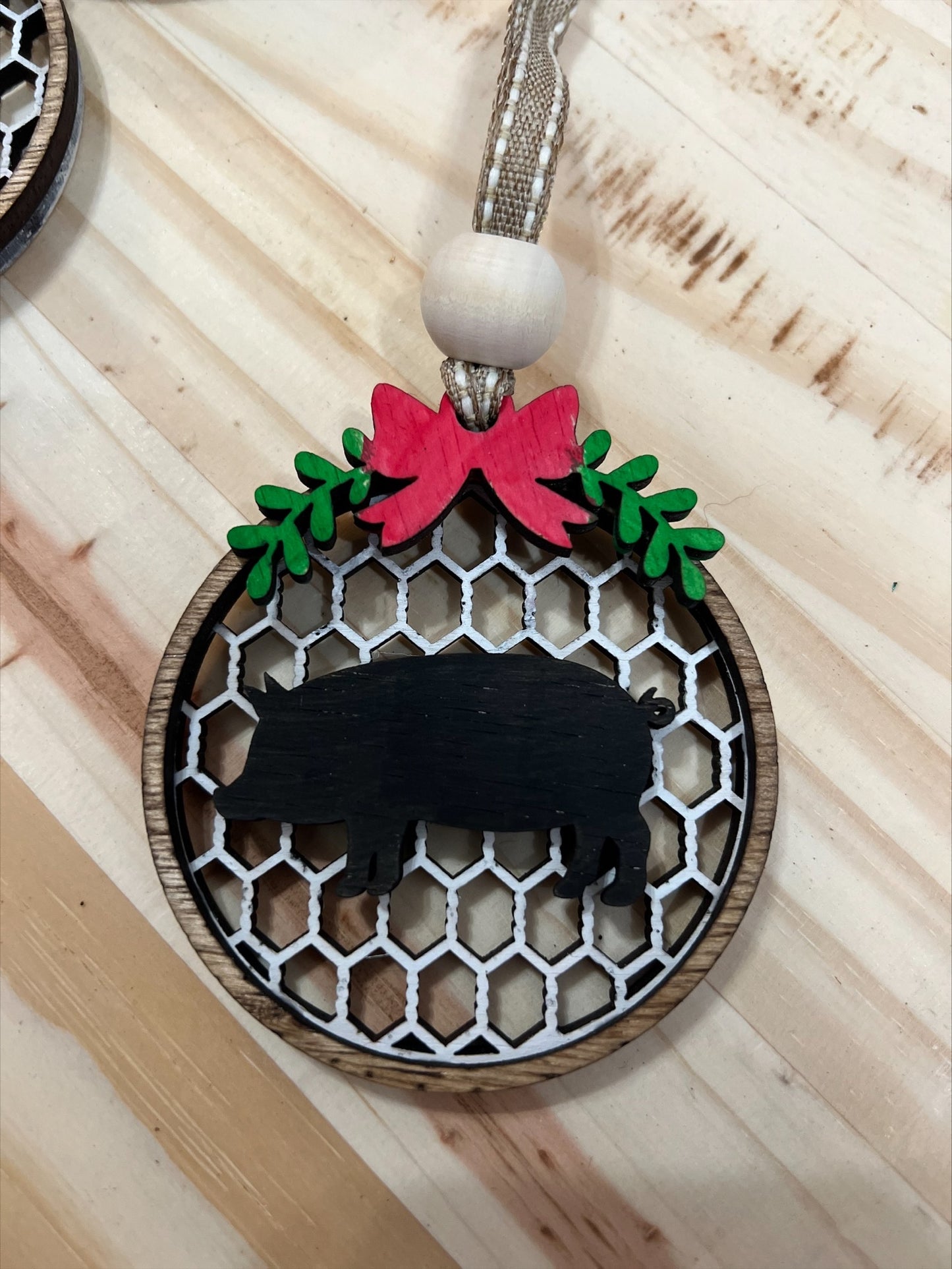 Handmade 3 Layer wood round farm animal ornament